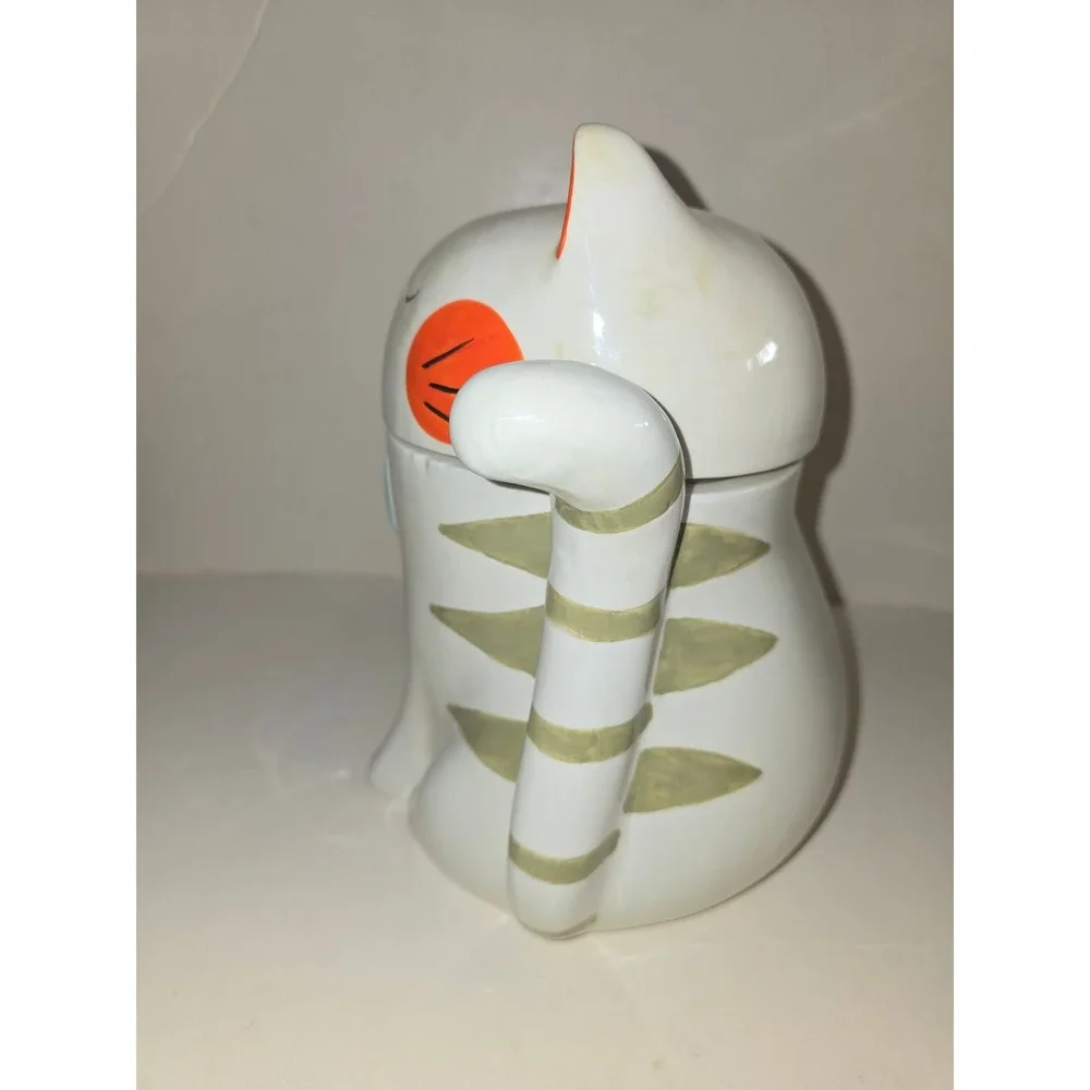 Ceramic‎ Cat Cookie Jar White with Blue Bow Tie and Orange Accents Hand Painted